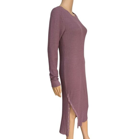 Nation LTD Alanna long-sleeve waffle knit midi dress mauve color side buttons M - Picture 2 of 7